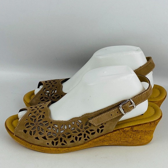 Womens 42 US 10.5-11 Spring Step Wedge Heel Sandals Tan Leather Floral Cutout - Picture 4 of 8